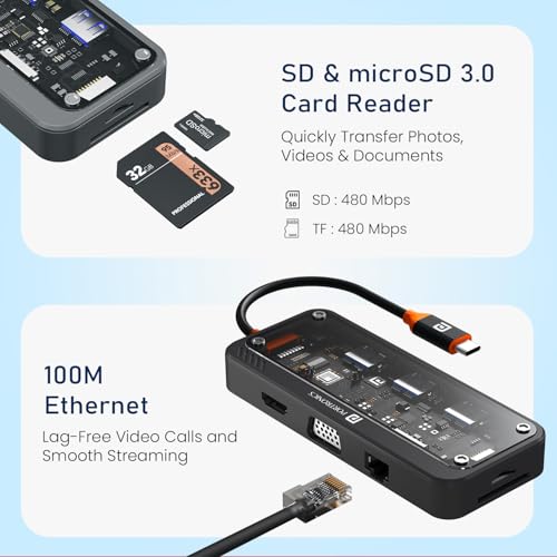 Image of Portronics MPort View Three 10-in-1 USB-C Docking Station, 100 W PD Charging, 4K HDMI, VGA, RJ45 Ethernet, SD /TF Card Slots, USB 3.0 /2.0 Ports, 3.5 mm Audio, for All Type C Devices, Windows /MacBook