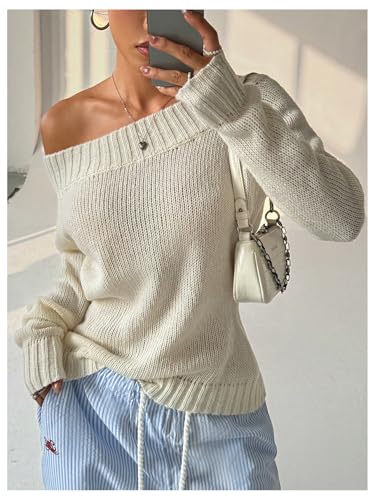 Milumia Women's Off One Shoulder Sweater Y2K Long Sleeve Ribbed Knit Pullover Top2