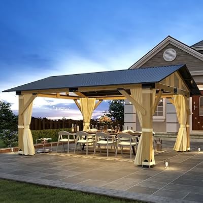 GARTOO 13’x15’ Outdoor Wood Gazebo - Patio Hardtop Gazebo Carport with Galvanized Steel Roof, Cedar Wooden Gazebo with Breathable Netting & Privacy Curtains for Garden, Porch, Patio, Deck, Backyard