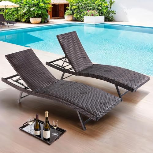 Image of Premium Outdoor Poolside Lounger Set of 2 - Adjustable Backrest Sun Chaise Recliners for Garden, Terrace & Pool Area - Weather-Resistant & Durable - Black