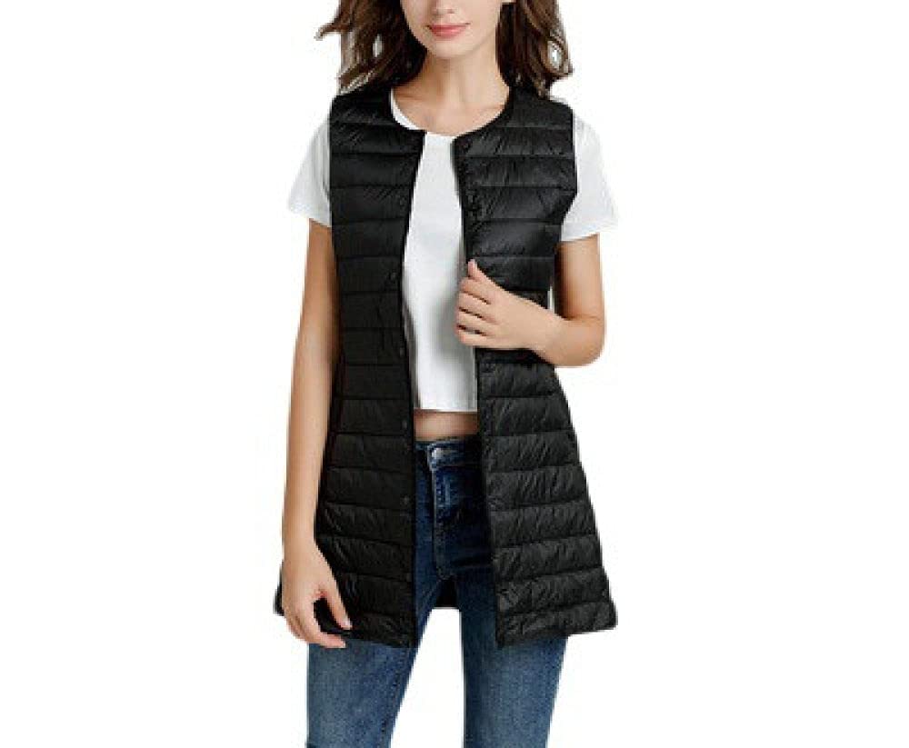 Doudoune Sans Manche Femme, Gilet En Duvet Pour Femme Noir Slim Mi-Long Léger Matelassé Sans Manches Bouton Rembourré Gilet Rembourré Manteau Bodywarmer Pour L'Hiver Quotidien Sports De Plein Ai
