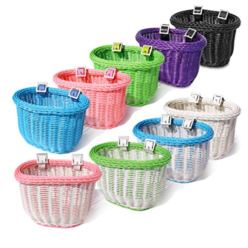 Colorbasket Front Handle Bar Kids Bike Basket, Water Resistant, Leather Straps, White With Blue Trim #TOP3
