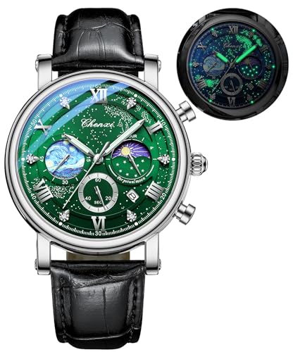 FANMIS Men's Classic Multifunctional Military Sports Analog Watch Business Dress Waterproof Luminous Chronograph Starry Sky Moon Phase Leather Wristwatch (Z Silver Green)