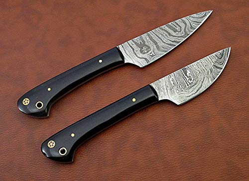 2 pieces Damascus steel kitchen utility knives, Hand forged twist pattern Damascus steel blade, Natural Buffalo horn scale