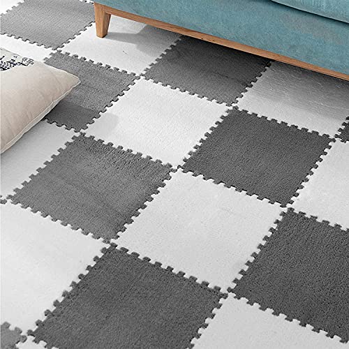 Tebery 12 Pieces Plush Puzzle Foam Floor Mat Tiles With Border, Square Interlocking Carpet Fluffy Area Rug, Protective Playmat For Parlor Bedroom Parlor Bedroom(Grey, White) #TOP7