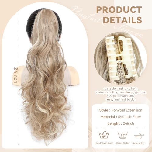 Image of 24 inch Ponytail Extension, Long Curly Wavy Claw Clip and Natural-Looking Synthetic Hairpiece, Voluminous Pony TailHair Extensions for Women Daily Wear. (Medium Blonde With Beige Highlight, 24Inch)