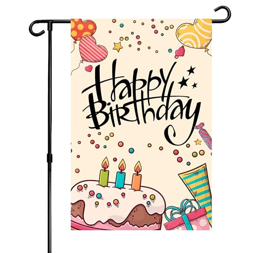 Happy Birthday Garden Flag 12x18 Inch Double Sided Outdoor Yard Decor Birthday Party Celebration Cake Balloons Outdoor Yard Flags(Cake 12 * 18inch)