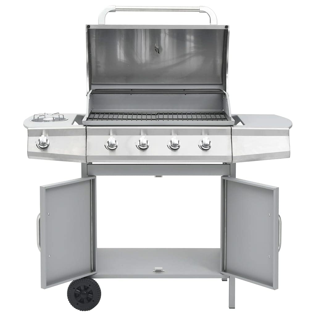 Barbecue a gas 4+1 in acciaio inox con bruciatore laterale e mobiletto inferiore, carrello con coperchio, termometro e vaschetta raccogligrasso per terrazza e giardino