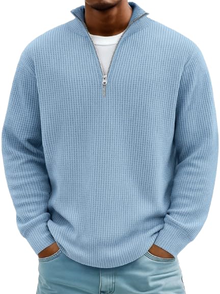 Mokaloha Mens Shirts Waffle Zipper, Men's Everyday Waffle Stand Collar Zipper Casual Long Sleeve T-Shirt2