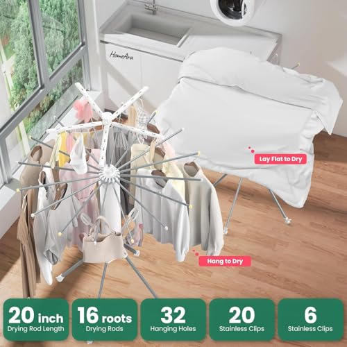 Image of Carbon Steel Clothes Drying Rack 2026 Upgrade 4-Legged 3Tier Foldable Laundry Rack with 4 Pulleys 20 Clips 6 Shoe Dryers 16Drying Rods for Indoor /Outdoor Camping Poolside Space Saving (White)