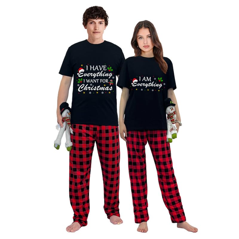 Matching Couple Christmas Pajamas Set Short Sleeve Tops and Classic Plaid Pants Loungewear Holiday Paj Set2