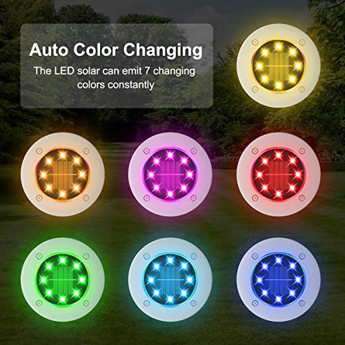 Solar Ground Lights Outdoor 4 Pack, 8 LED Colored Solar Disk Garden Lights Waterproof Inground Landscape Lighting for Yard Deck Lawn Patio Pathway Walkway Driveway with Multiple Changing Colors