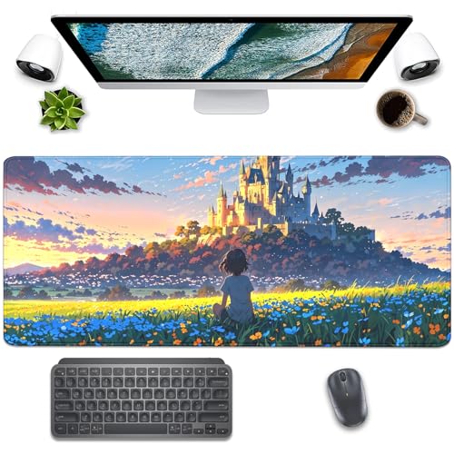 Image of Cartoon Cute Fantasy Castle Sky Flowers Children Extended Desk Pad Mouse Pad,Stitched Edges Non-Slip Rubber Base XL Mouse Mat Desk Mat for Office Home Work Mousepad(27.5X11.8 Inch)