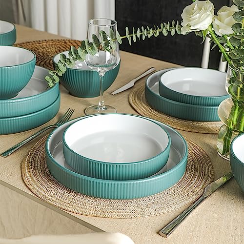 Image of Christian Siriano Larosso 12-Piece Stoneware Dinnerware Set with Dinner Bowls and Pasta Bowls, Plates and Bowls Set, Dish Set for 4, Green