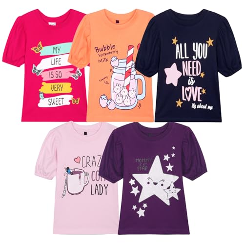 Image of T2F Girls Cotton Printed Regular Fit Puff Sleeve T-Shirt (Pack of 5)