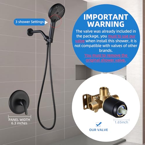 Set moderno de ducha y grifería completo con válvula, grifería para ducha con cabezal de ducha de alta presión de 5.12 pulgadas acabado negro mate miniatura 2