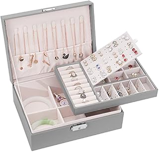 Jewellery Box Organiser for Girls Women, Mardiko 2-Layer Lockable Large PU Leather Jewelry Storage Case for Necklaces Rings Earrings Bracelets (Grey)