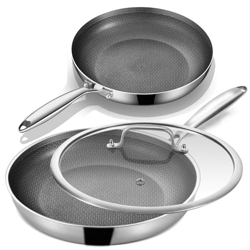 Image of Inqibee 8.5-10 Inch Hybrid Non Stick Tri-Ply Stainless Steel Frying Pan Set with Lid, Induction Cooking Pans Set of 2, Dishwasher and Oven Safe