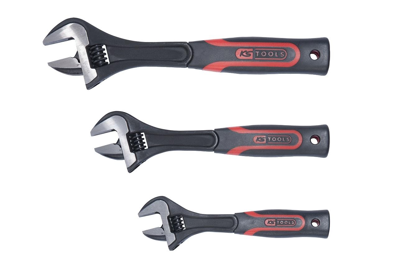 KS TOOLS 577.0199 - Jeu de 3 Clés à molette à manche bi-matière - 8" - 10" - 12" - En Chrome Vanadium - Tête brunie Noir/Rouge