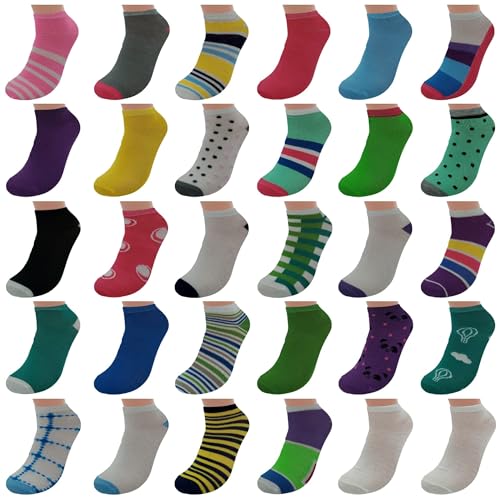 BRIGHT STAR Women's Low Cut Ankle Socks - 30-Pair | Soft & Comfortable Athletic Socks, Durable Polyester Blend, Machine Washable, Stylish Sock Pack for All Seasons (Size 9-11)