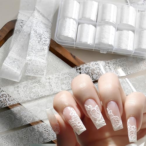 MOLILON 10 Rolls White Lace Nail Foil Lace Nail Art Foil Transfer Stickers Decals Holographic Foils for Nails Design Manicure Stickers for DIY Acrylic Nails Decoration