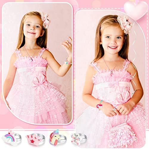 12 Pcs Kids Jewellery Sets Girls Unicorn Necklace Bracelet and Rings with Unicorn Rainbow Star Charms Beaded Necklace Bracelet and Adjustable Rings for Toddler Little Girl Dress up Play Party Favors