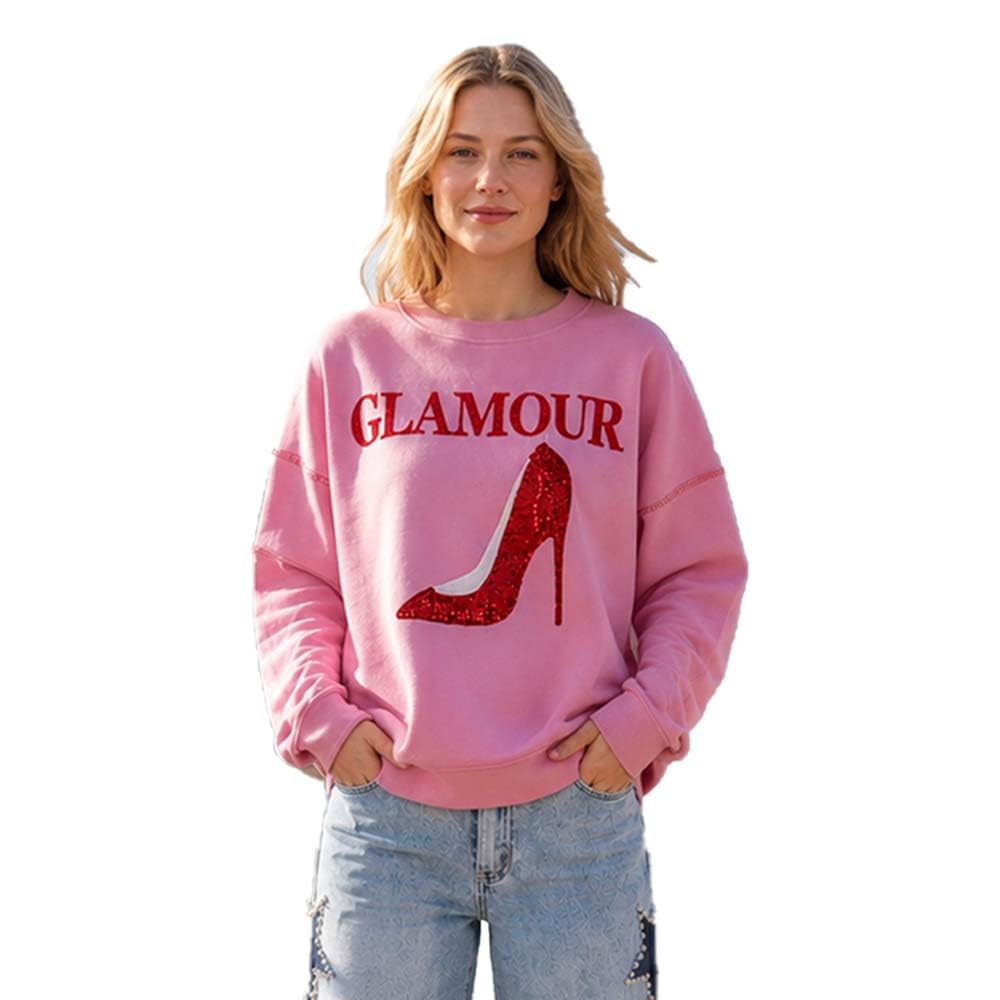 Miss Goodlife MG15764 - Felpa da donna con scollo rotondo, glamour, paillettes, tacco alto
