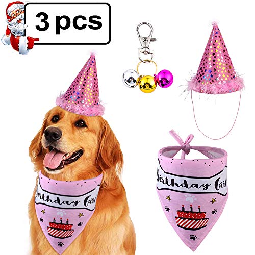 JoGoi Hund Geburtstag Halstuch Bandana Dreieck Schals Partyhut mit Kleine Glocke Geburtstagsparty Party Happy Birthday Tuch Dekoration Pink Blau