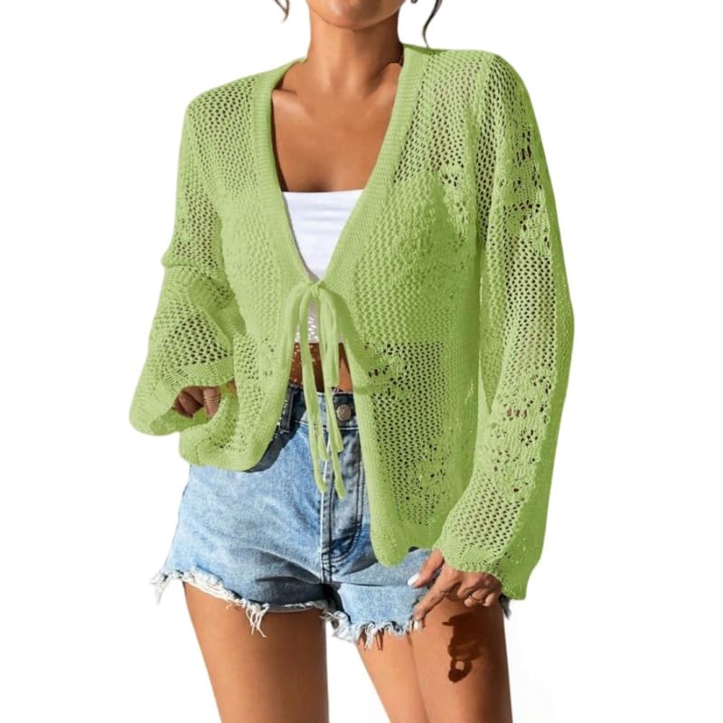Chaqueta mujer cárdigan de punto ligero verde S con lazo frontal y manga larga transparente