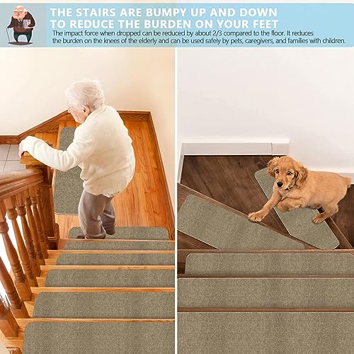 HAODEMI 8\" X 30\" (7 in Pack) Non-Slip Stair Treads Carpet for Wooden Steps, Self-Adhesive Stair Treads Mat, Safety Indoor Stair Runner Mats, Anti Slip Stair Rugs for Kids Elders and Dogs,Moca