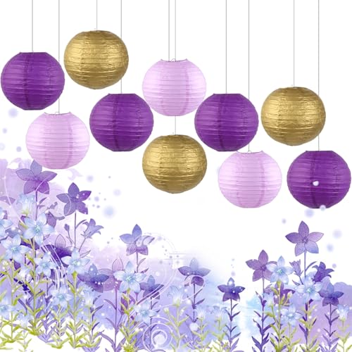Image of Purple Chinese Paper Lanterns with LED Lights, 10-Pack 12inch | Hanging Lights for Mardi Gras, Graduation, Birthday Decorations, Ceiling Decor, Home Party & Baby Shower