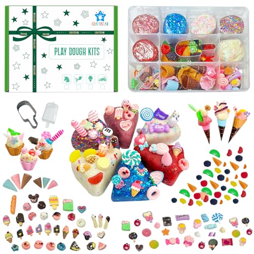CraftiStar Ice Cream Sensory Dough Kit - 18oz 6 PCS Glitter Doughs with 120pcs+ Accessories, Color Clay Ice Cream Set, Sensory Dough Sets for Kids Ages 4-8 with Fruit Pieces, Cone, Mold, Cutter