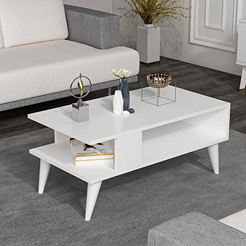 [en.casa] Mesa de Centro Rectangular Mesa Baja Estable con Estante para Salón Mesa Auxiliar Aglomerado 40 x 90 x 45 cm Blanco