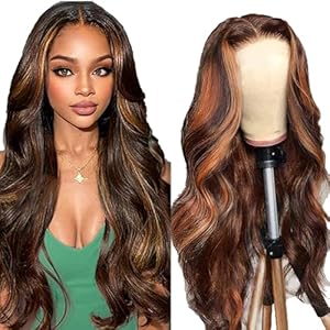 AiPliantfis Body Wave Human Hair Wig Brown Real Hair 4X1 Lace Glueless Wig Wear and Go P430 Highlight Pre Plucked 150% Density Unprocessed Brazilian Virgin Hair 14 Inch