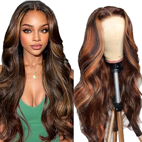 AiPliantfis Body Wave Human Hair Wig Brown Real Hair 4X1 Lace Glueless Wig Wear and Go P430 Highlight Pre Plucked 150% Density Unprocessed Brazilian Virgin Hair 14 Inch