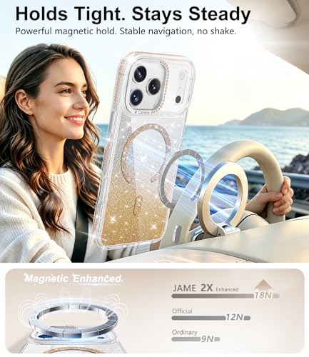 JAME for iPhone 17 Pro Max Case, Compatible with MagSafe, Slim Clear Glitter Magnetic Girly Phone Case for Women Girls, 2 Screen Protectors, Rhinestone Trim & Glitter Card, Shockproof Cover, Gold — view 4