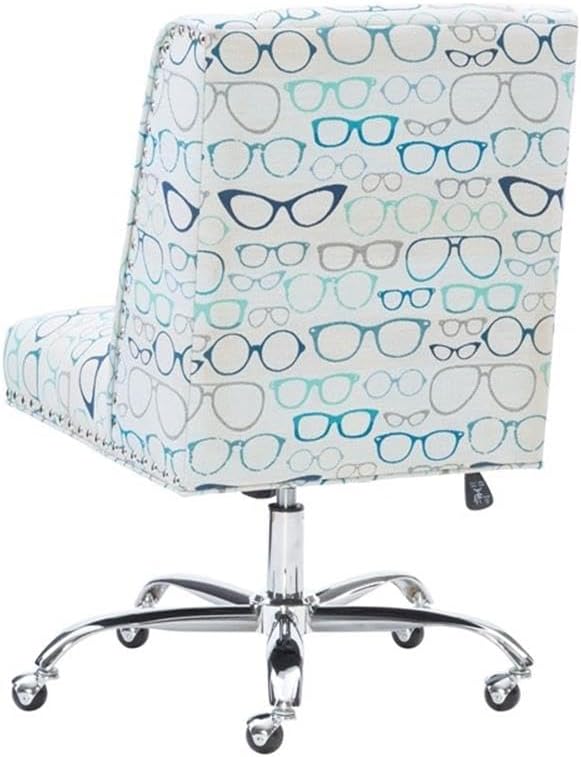BOWERY HILL Adjustable Upholstered Office Chair, Glasses Print Fabric, Chrome Base with Casters, Blue Finish, Pinewood Frame, 27" W x 26.75" D x 36.75"-40.75" H, Stylish Home or Workspace Seating