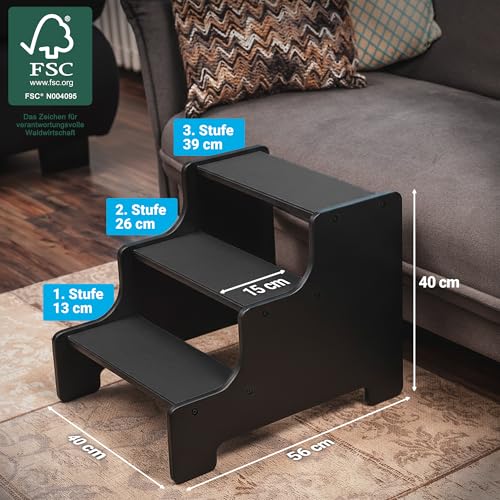 AMAZINGs Hundetreppe für kleine, mittlere und schwere Hunde, Katzen. 3 Stufen | Haustiertreppe, Junge und alte Katzen | 40 cm hoch für Sofa, Bett | Gelenkschonender Ersatz zu Hunderampe | schwarz