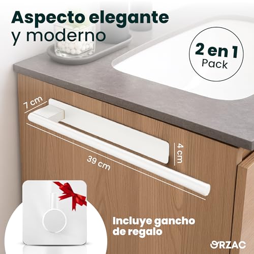 Miniatura 2 de Orzac Toallero Adhesivo Blanco 39 Cm - Acero Inoxidable Sin Taladro, Reutilizable Con Cinta Extra Y Gancho Adhesivo - Toalleros De Baño Y Cocina Minimalistas