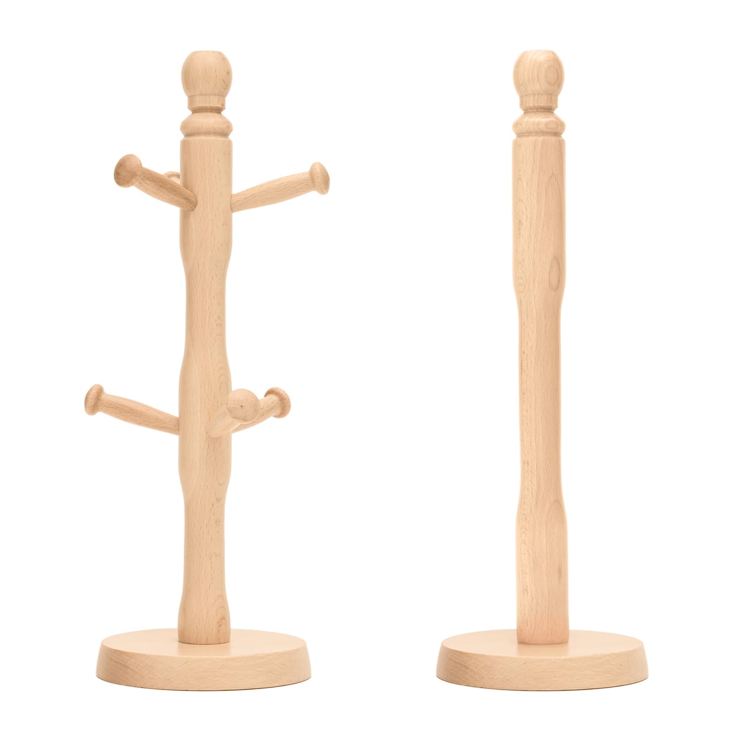 Besto Skin Mug Tree And Kitchen Roll Holder Set - Premium Hevea Free Standing Wood Mug Tree And Paper Towel Holder – Mug Stand Holder Rack With 6 Hooks