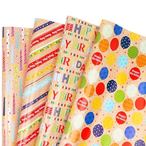 Birthday Wrapping Paper Sheet,8 Sheets Folded Flat Gift Paper,4 Colourful Balloon Candle Design Gift Wrapping for Kid's Boy Girl Men‘s Birthday Party - 51 X 74CM Per Sheet (Brown)