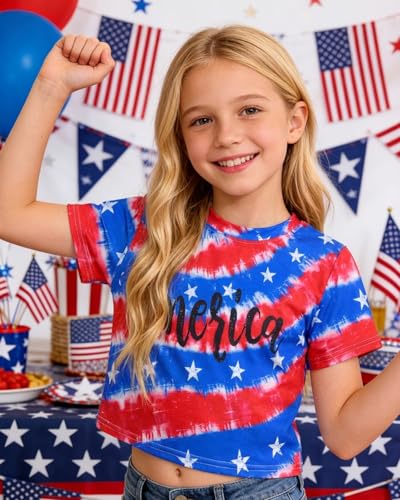 Image of DDSOL Girls July 4th Crop Tops Patriotic Shirt American Flag Short Sleeve Tshirts for Girl 6-14 Years