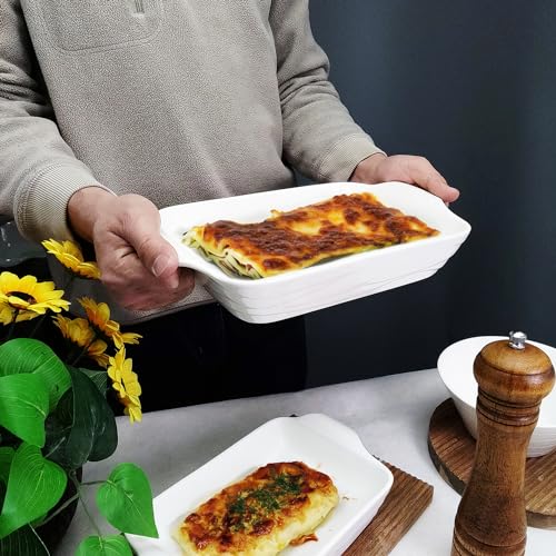 8" x 5" Baking Dish, Lasagna Pan, Rectangular Baking Pan 18 oz, Ceramic Baking Dish with Handles(9.8 IN) For Casserole, Lasagna, Gratin, Broiling, Roasting, and Baking, White