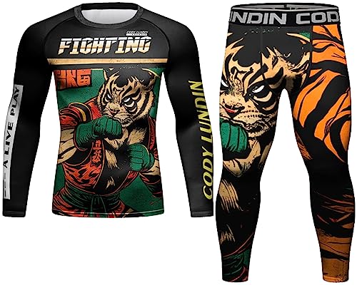 Men's Rash Guard Long Sleeves Shirt Trousers Set Sun Protection Quick Drying Splice Compression Fitness Shirts