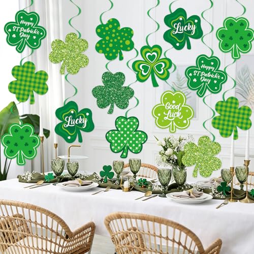 Image of 40Pcs St Patricks Day Shamrock Hanging Swirls Decorations, Lucky Irish Clover Hanging Streamer St Patricks Day Ceiling Decorations for Irish Saint Patrick Party Decor Supplies