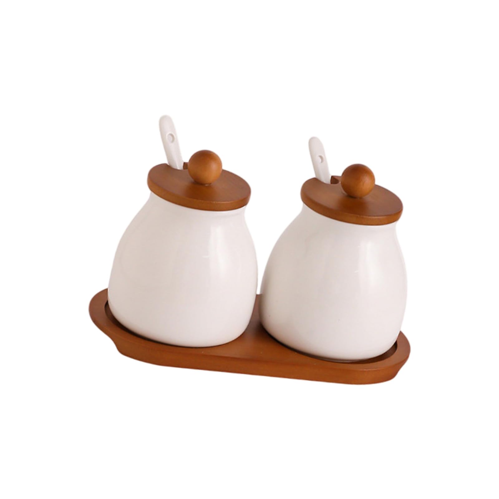 TQUXNGA Ceramic Seasoning Canister Collection with Wooden Lid and Tray Glazed Condiment Container for Kitchen Counter Display Earthenware Condiment Canisters