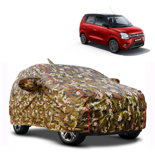 Image of Waterproof Car Cover for Maruti Wagon-R 2011-2017 Ultimate Protection-Mirror & Antenna, Soft Cotton Lining Inside, Triple Stitched,Full Bottom Elastic (Army Green with Red Piping)