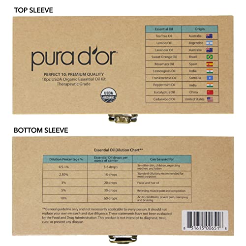 Pura D'or Organic Essential Oils Set Of 10 10Ml Perfect10 Wood Box Gift Set, 100% Pure Therapeutic Grade Aromatherapy For Home Diffusers (Lavender, Tea Tree, Eucalyptus, Lemon, Cedarwood, Lemongrass) #TOP5