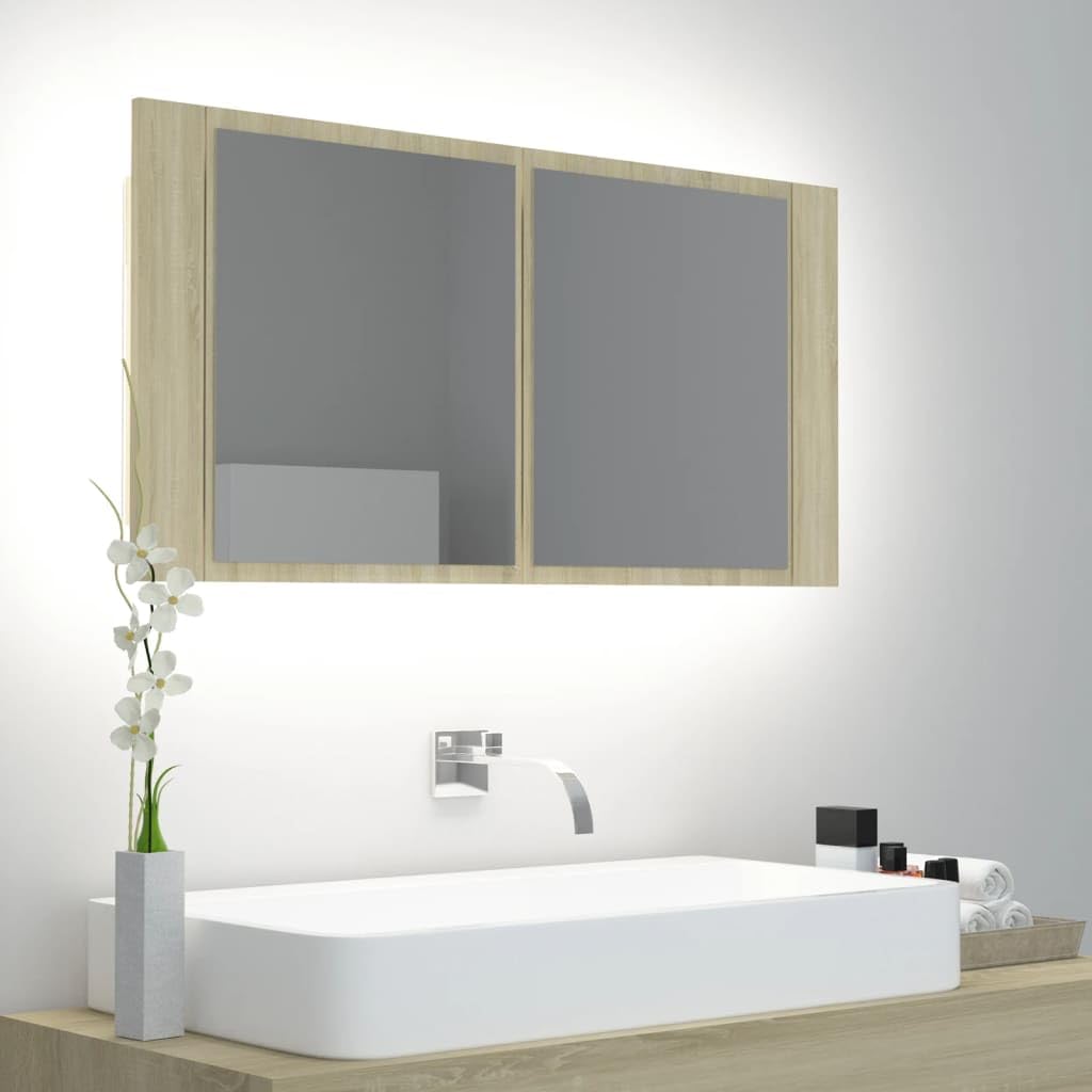 Szafki i przechowywanie – szafka łazienkowa LED z lustrem dąb sonoma 90 x 12 x 45 cm akryl