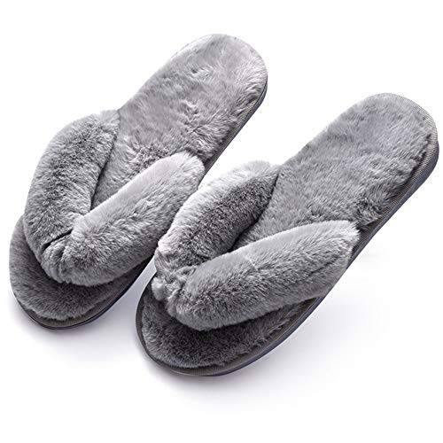CBLW Womens Faux Fur Thong Spa Flip Flops Slippers Fluffy Open Toe Indoor House Shoes (9-10, Grey)